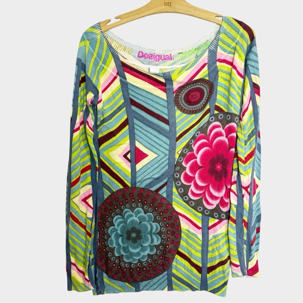 Desigual Women M Knit Geometric Pop Art Sweater Y2K Art To Wear Psychedelic